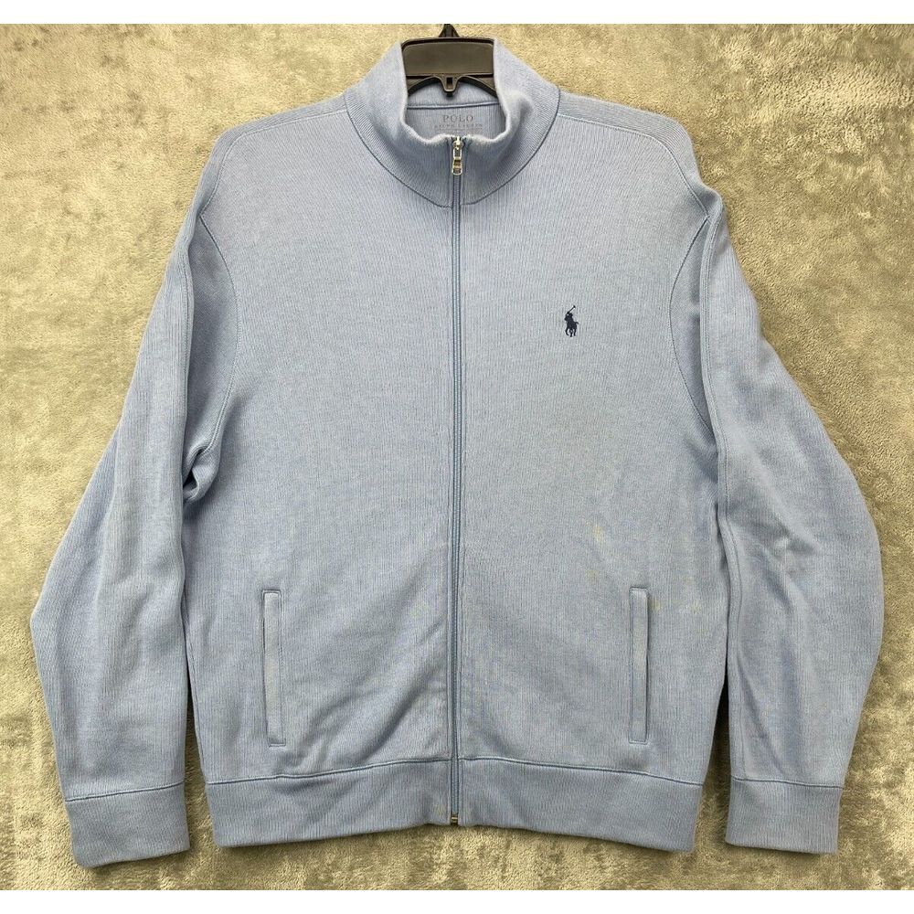 Polo Ralph Lauren Men's Sweater XL Blue Cotton Blend Long Sleeve Full Zip